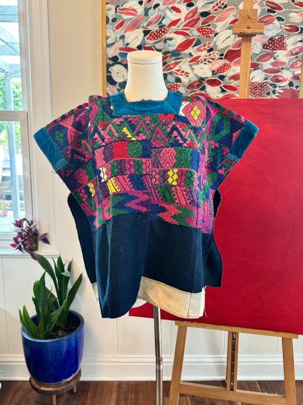 Vintage Handwoven Huipil Poncho Top from Guatemala 80's